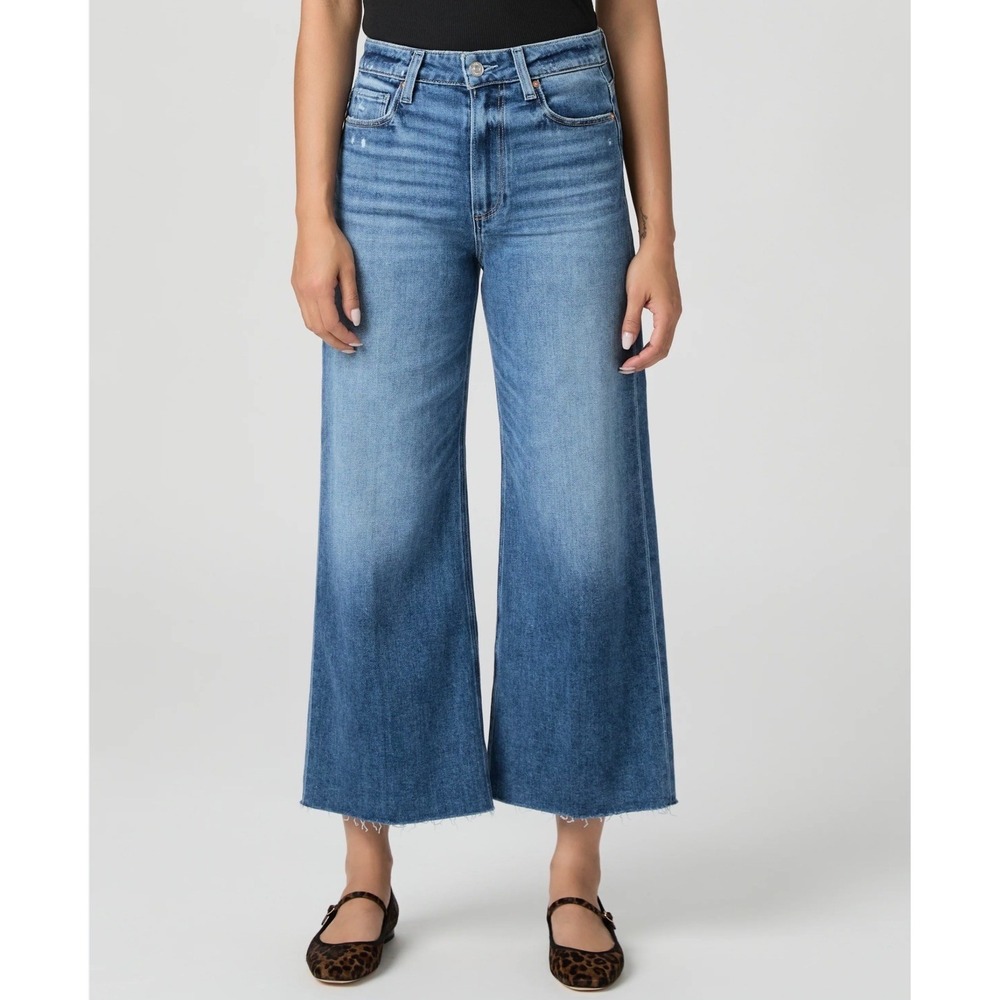 PAIGE Anessa High Rise Wide Leg Raw Hem Distressed Jeans Medium Wash 31